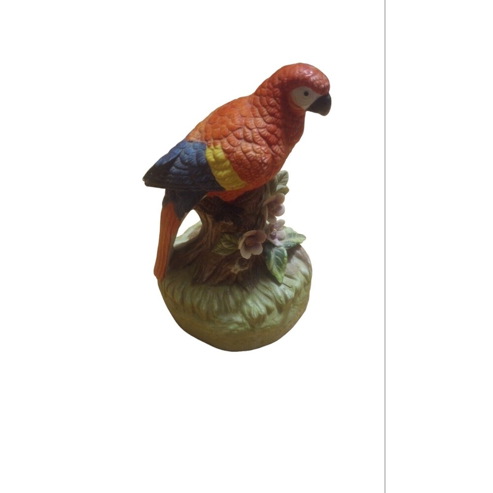 Vintage Music Box Parrot Figurine Beautiful Morning Song. Colorful Pretty